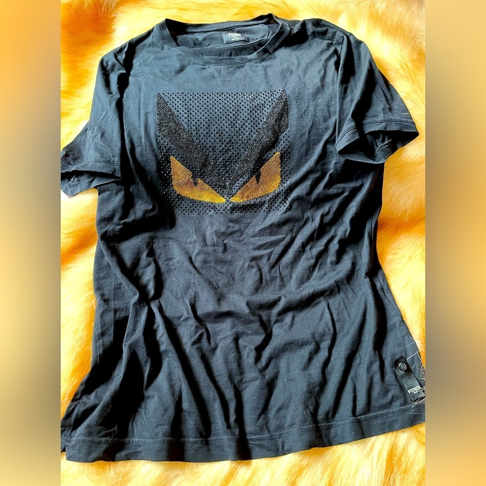 - Fendi Monster crystal embroidered logo tshirt Sz 52 black Large